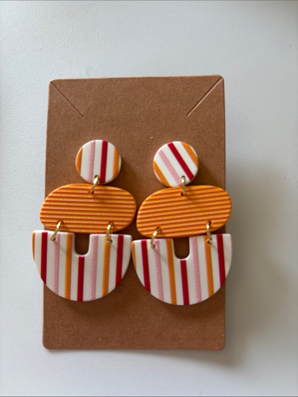 Fashion Jewelry Orange, Pink, Red & White Striped Layered Drop Earrings